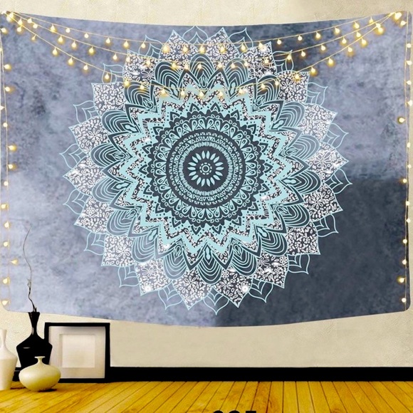 Boho Mandala Grey and Blue Geometric Tapestry Wall Hanging - Picture 2 of 5